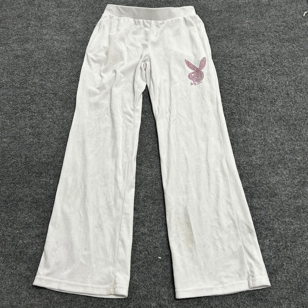 Playboy Pants Womens Size S White Velour Rhinestone Logo Wide Leg Lounge PBU38